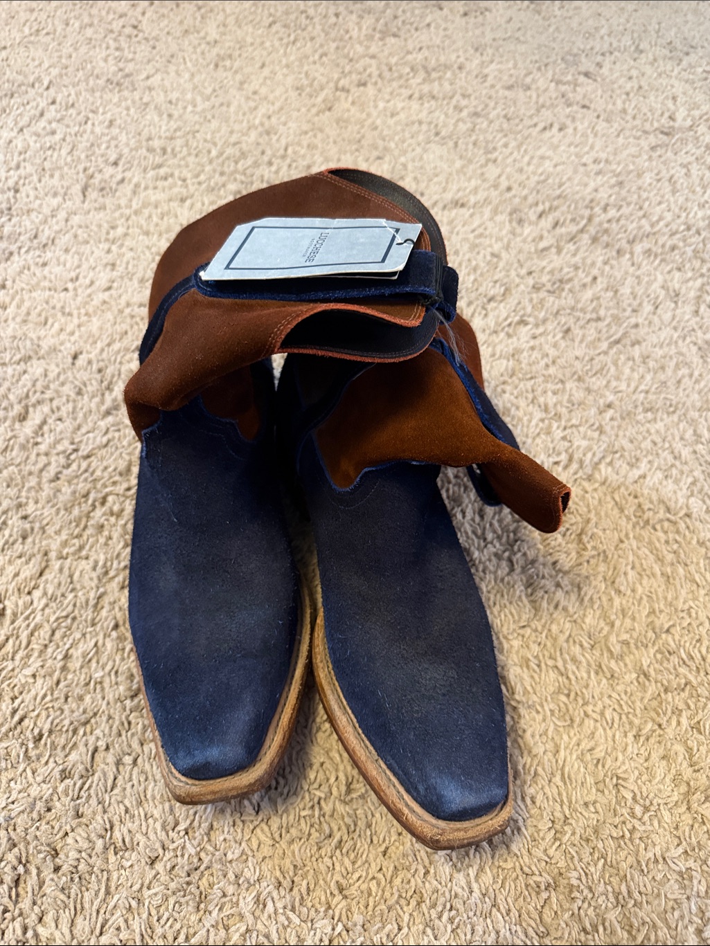Men's Lucchese Navy Suede Boots With Brown Cuff